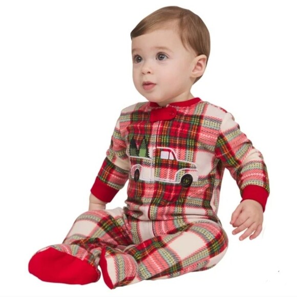 Eddie Bauer Toddler 18M Footed Sleeper Red Plaid Zip Pajamas Christmas Truck NWT - Picture 5 of 6